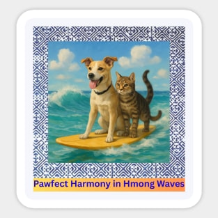 Pawfect Harmony in Hmong Waves – Cat & Dog Surf Adventure Sticker